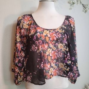LUCCA COTURE FLORAL SHEER CROPPED BLOUSE OPEN BACK  BALLOON SLEEVES MEDIUM